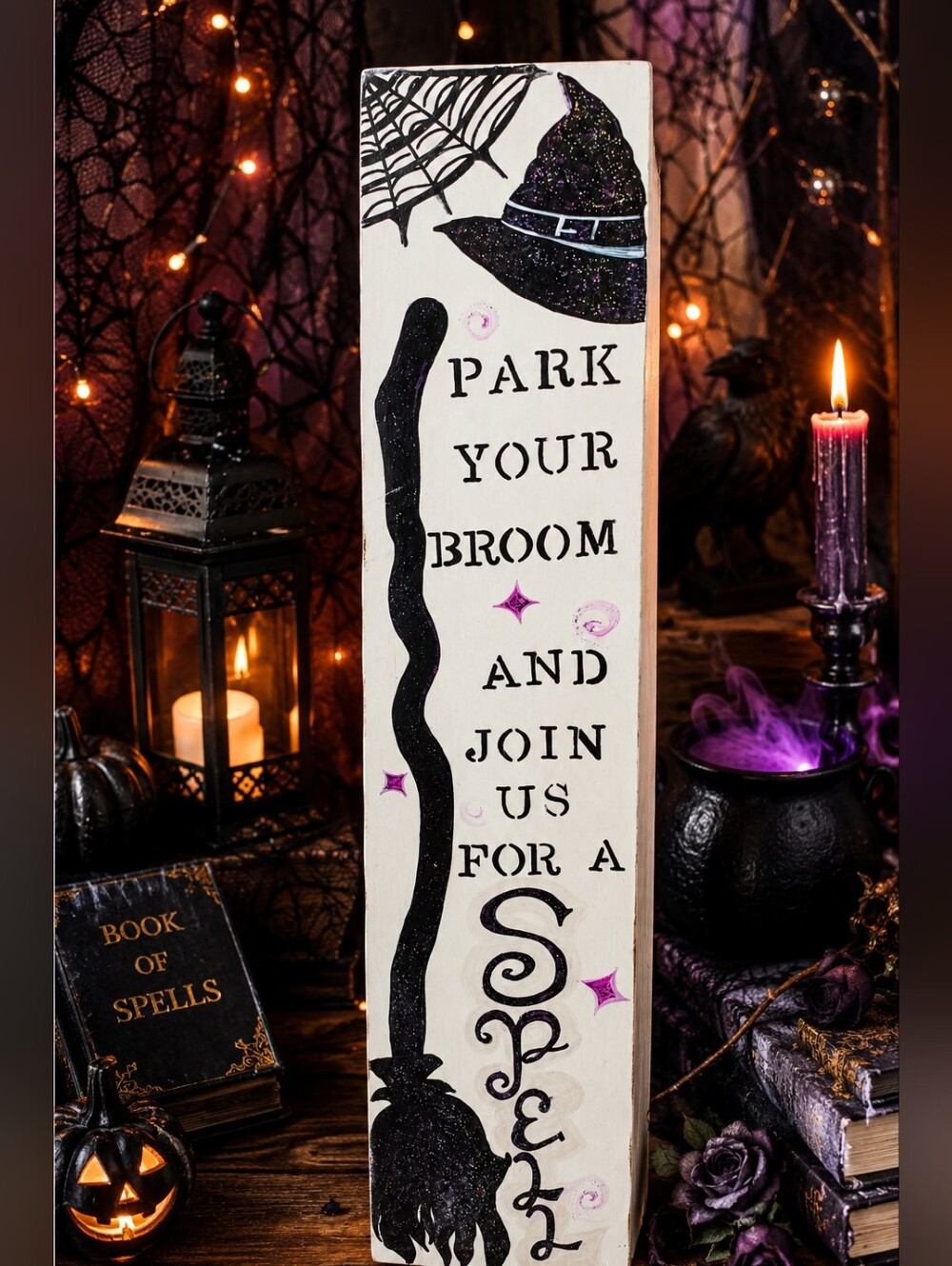 Hand-Painted Halloween Wood Sign | "Park Your Broom & Join Us for a Spell"